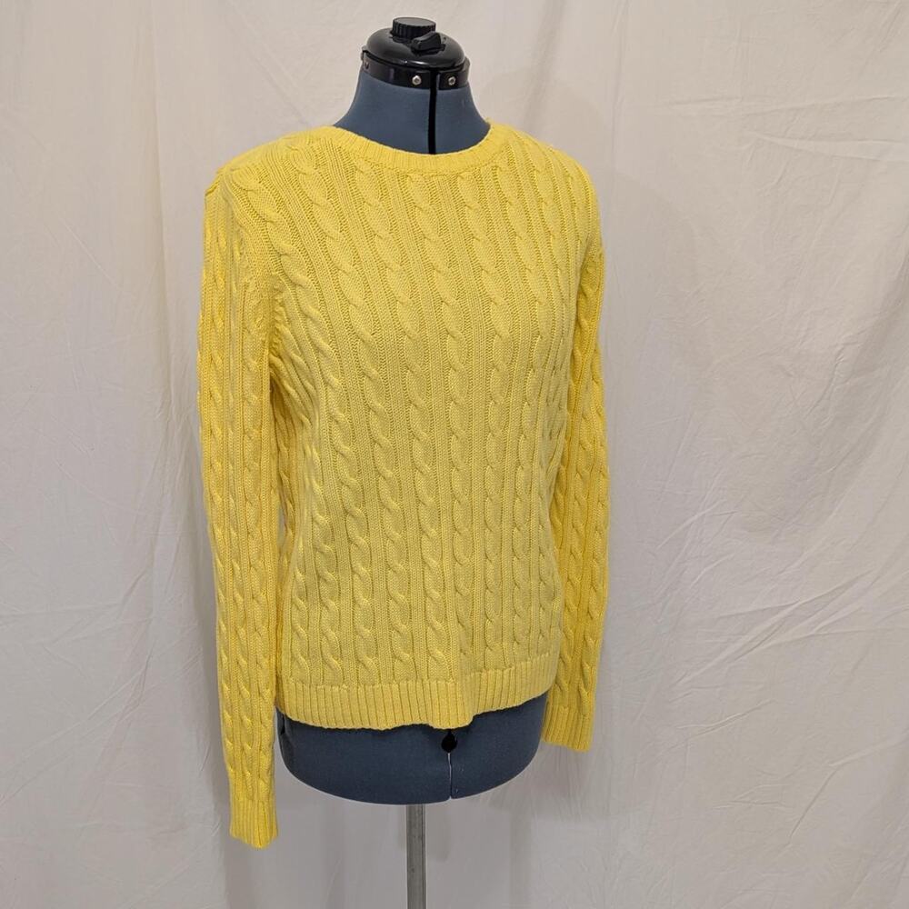 Lands’ End yellow 100% cotton cable‑knit crewneck sweater, size M